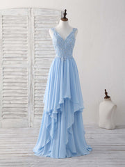 Party Dresses Style, Blue V Neck Applique Chiffon Long Prom Dress Lace Bridesmaid Dress