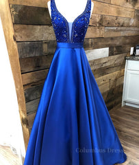 Homecomming Dress Long, Blue v neck beads satin long prom dress, blue evening dress