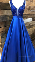 Homecoming Dresses 2026, Blue v neck beads satin long prom dress, blue evening dress