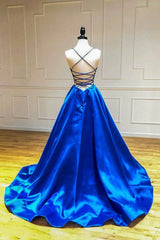 Bridesmaid Dress On Sale, Blue V-Neck Satin Long Evening Dress, A-Line Backless Prom Dress