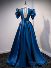 Prom Dresses Gowns, Blue v neck satin long prom dress blue satin evening dress
