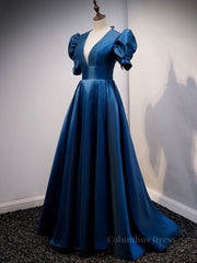 Prom Dress Gowns, Blue v neck satin long prom dress blue satin evening dress
