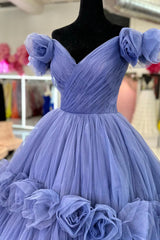 Bridesmaid Dress Outdoor Wedding, Blue V-neck Tulle Formal Dress with Flowers, Blue Formal Dress Sweet 16 Dress