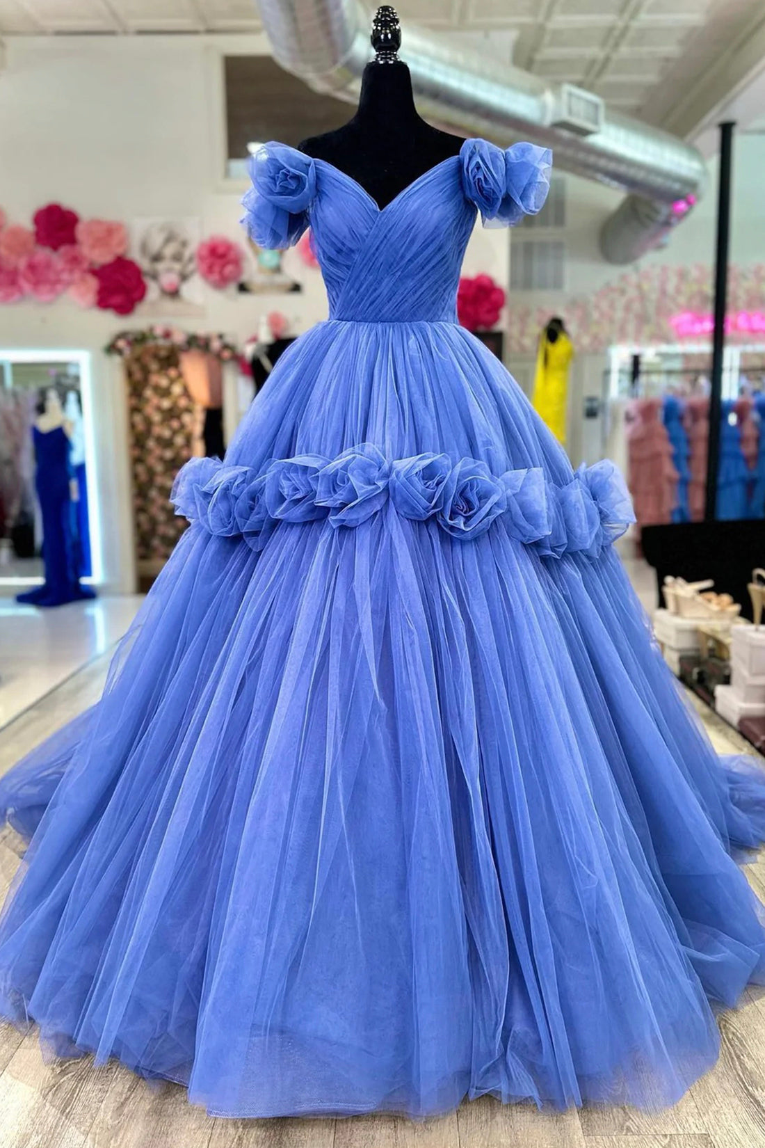 Bridesmaid Dresses Cheap, Blue V-neck Tulle Formal Dress with Flowers, Blue Formal Dress Sweet 16 Dress