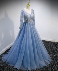 Bridesmaides Dresses Green, Blue V Neck Tulle Lace Long Prom Dress, Blue Evening Dress with Sequin Beading