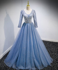 Bridesmaid Dress Green, Blue V Neck Tulle Lace Long Prom Dress, Blue Evening Dress with Sequin Beading