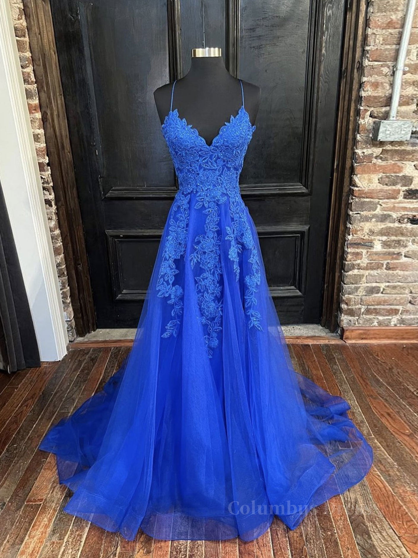 Prom Dresses Colorful, Blue v neck tulle lace long prom dress, blue lace bridesmaid dress