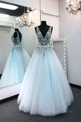 Prom Dress Elegant, Blue v neck tulle lace long prom dress blue tulle formal dress
