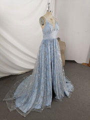 Homecoming Dresses Classy Elegant, Blue V Neck Tulle Sequin Long Prom Dress, Blue Aline Formal Graduation Dress