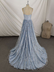 Homecoming Dress Classy Elegant, Blue V Neck Tulle Sequin Long Prom Dress, Blue Aline Formal Graduation Dress