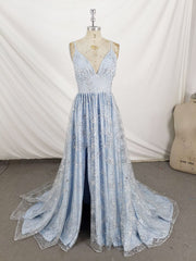 Homecoming Dress 2033, Blue V Neck Tulle Sequin Long Prom Dress, Blue Aline Formal Graduation Dress