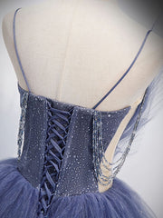 Prom Dresses Designs, Blue v neck tulle sequin long prom dress, blue evening dress