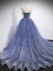 Prom Dress Designs, Blue v neck tulle sequin long prom dress, blue evening dress