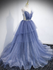 Prom Dresses Website, Blue v neck tulle sequin long prom dress, blue evening dress
