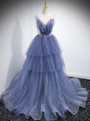 Prom Dresses Designers, Blue v neck tulle sequin long prom dress, blue evening dress