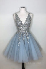Homecoming Dressed Short, Blue v neck tulle sequin short prom dress, blue homecoming dress
