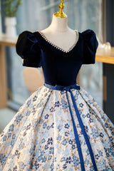 Mini Dress, Blue Velvet Floor Length Prom Dress with Short Sleeve, Blue V-Neck Formal Evening Dress