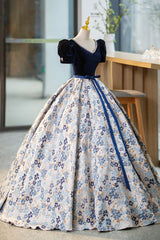 Black Wedding Dress, Blue Velvet Floor Length Prom Dress with Short Sleeve, Blue V-Neck Formal Evening Dress