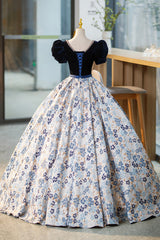 Blue Prom Dress, Blue Velvet Floor Length Prom Dress with Short Sleeve, Blue V-Neck Formal Evening Dress