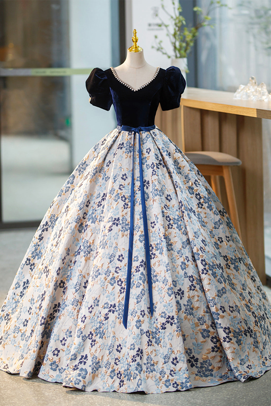 Ball Gown, Blue Velvet Floor Length Prom Dress with Short Sleeve, Blue V-Neck Formal Evening Dress