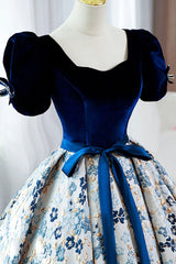 Party Outfit Night, Blue Velvet Floral Long Ball Gown, A-Line Short Sleeve Formal Evening Dress