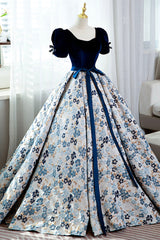 Formal Attire, Blue Velvet Floral Long Ball Gown, A-Line Short Sleeve Formal Evening Dress
