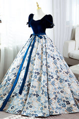 Party Dress Code Man, Blue Velvet Floral Long Ball Gown, A-Line Short Sleeve Formal Evening Dress