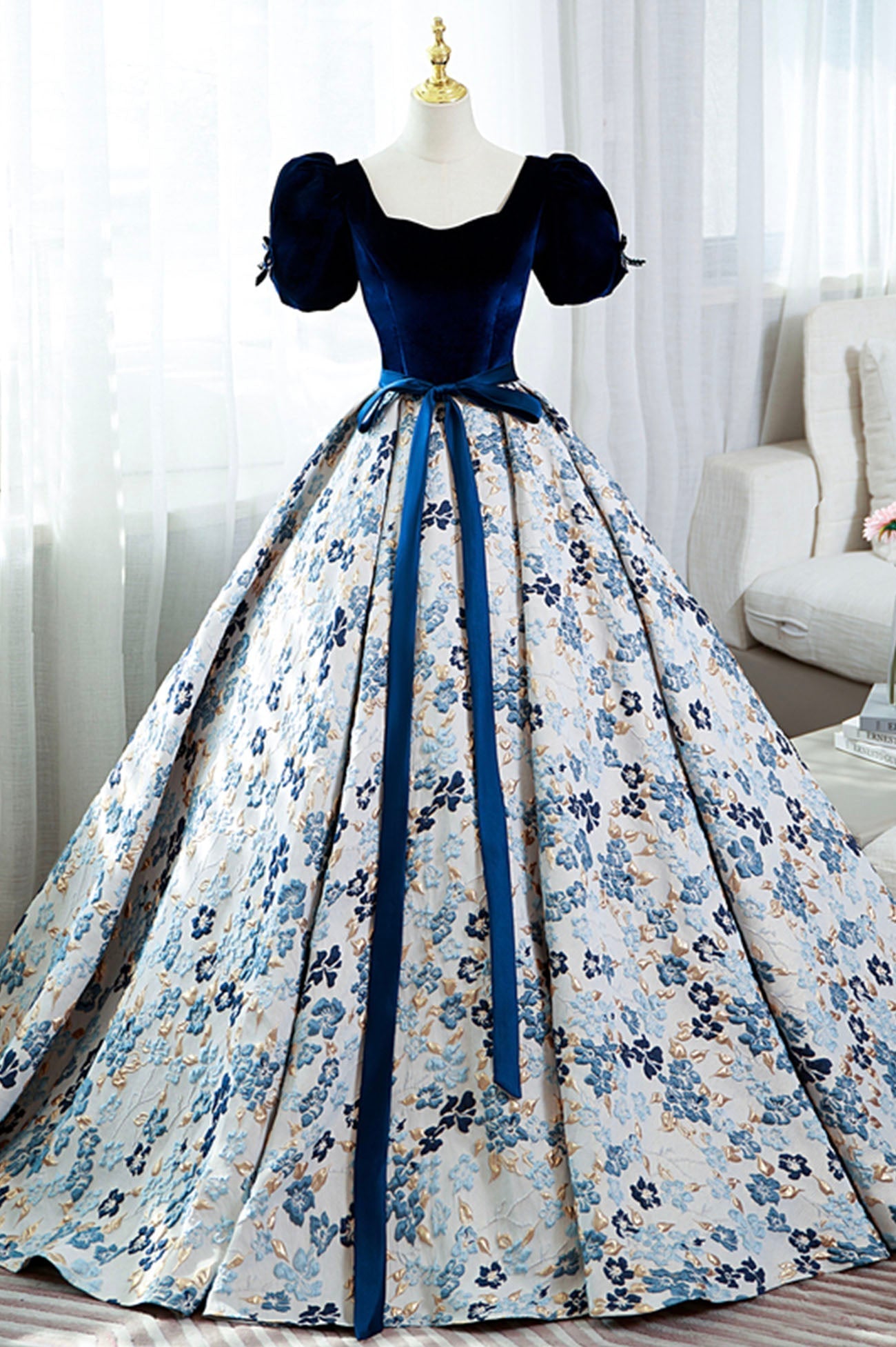 Corset Prom Dress, Blue Velvet Floral Long Ball Gown, A-Line Short Sleeve Formal Evening Dress