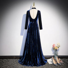 Wedsing Dresses With Sleeves, Blue Velvet Long Sleeves Floor Length Wedding Party Dress, Blue Formal Gown