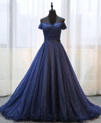 Evening Dress Elegant, Dark Blue Shining Tulle Long Prom Dress, Evening Dress