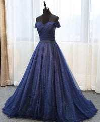 Evening Dress Ideas, Dark Blue Shining Tulle Long Prom Dress, Evening Dress