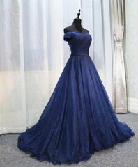 Evening Dress Shop, Dark Blue Shining Tulle Long Prom Dress, Evening Dress