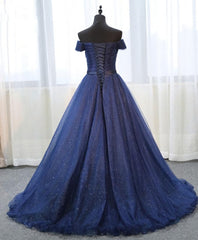 Evening Dresses Store, Dark Blue Shining Tulle Long Prom Dress, Evening Dress