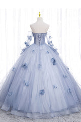Party Dress Glitter, Blue Long Sleeves Tulle Prom Dress with Flowers, Puffy Off the Shoulder Quinceanera Dress