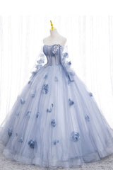 Party Dress Open Back, Blue Long Sleeves Tulle Prom Dress with Flowers, Puffy Off the Shoulder Quinceanera Dress