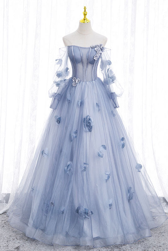 Party Dresses Glitter, Blue Long Sleeves Tulle Prom Dress with Flowers, Puffy Off the Shoulder Quinceanera Dress