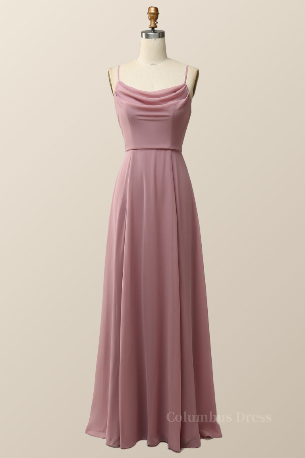 Prom Dresses, Blush Pink Cowl Neck Chiffon Long Bridesmaid Dress