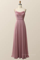 Prom Dresses, Blush Pink Cowl Neck Chiffon Long Bridesmaid Dress