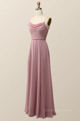Wedding Dress, Blush Pink Cowl Neck Chiffon Long Bridesmaid Dress