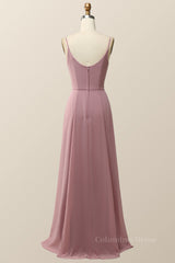 Prom Dress Burgundy, Blush Pink Cowl Neck Chiffon Long Bridesmaid Dress