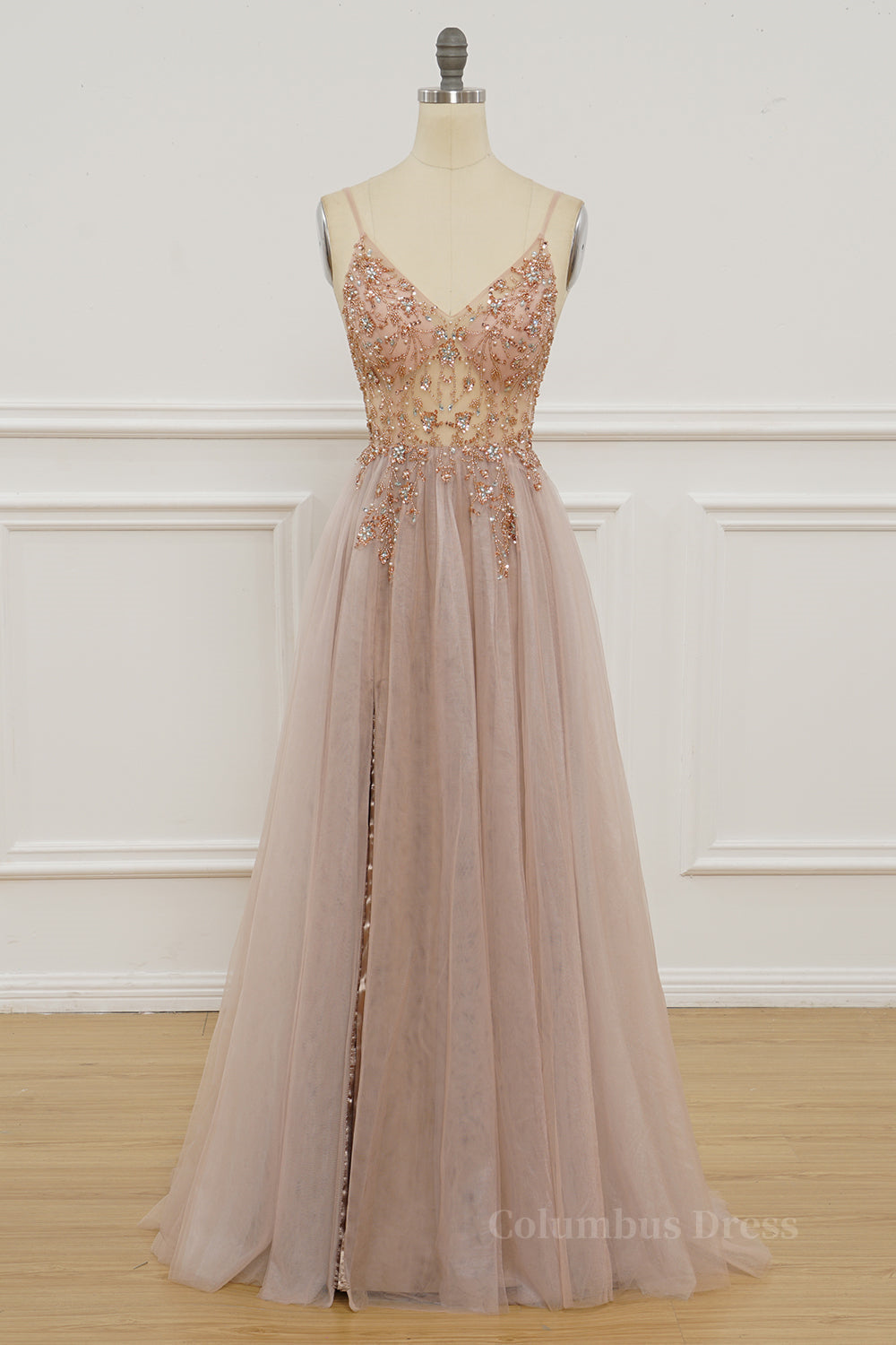 Prom Dresses 2024 Blue, Blush Pink Deep V Neck Beading-Embroidered Long Prom Dress with Slit