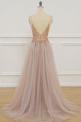 Prom Dresses Modest, Blush Pink Deep V Neck Beading-Embroidered Long Prom Dress with Slit
