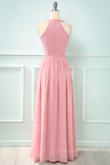Bridesmaids Dresses Websites, Blush Pink Halter Chiffon Long Bridesmaid Dress with Keyhole