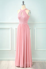Bridesmaid Dress Websites, Blush Pink Halter Chiffon Long Bridesmaid Dress with Keyhole
