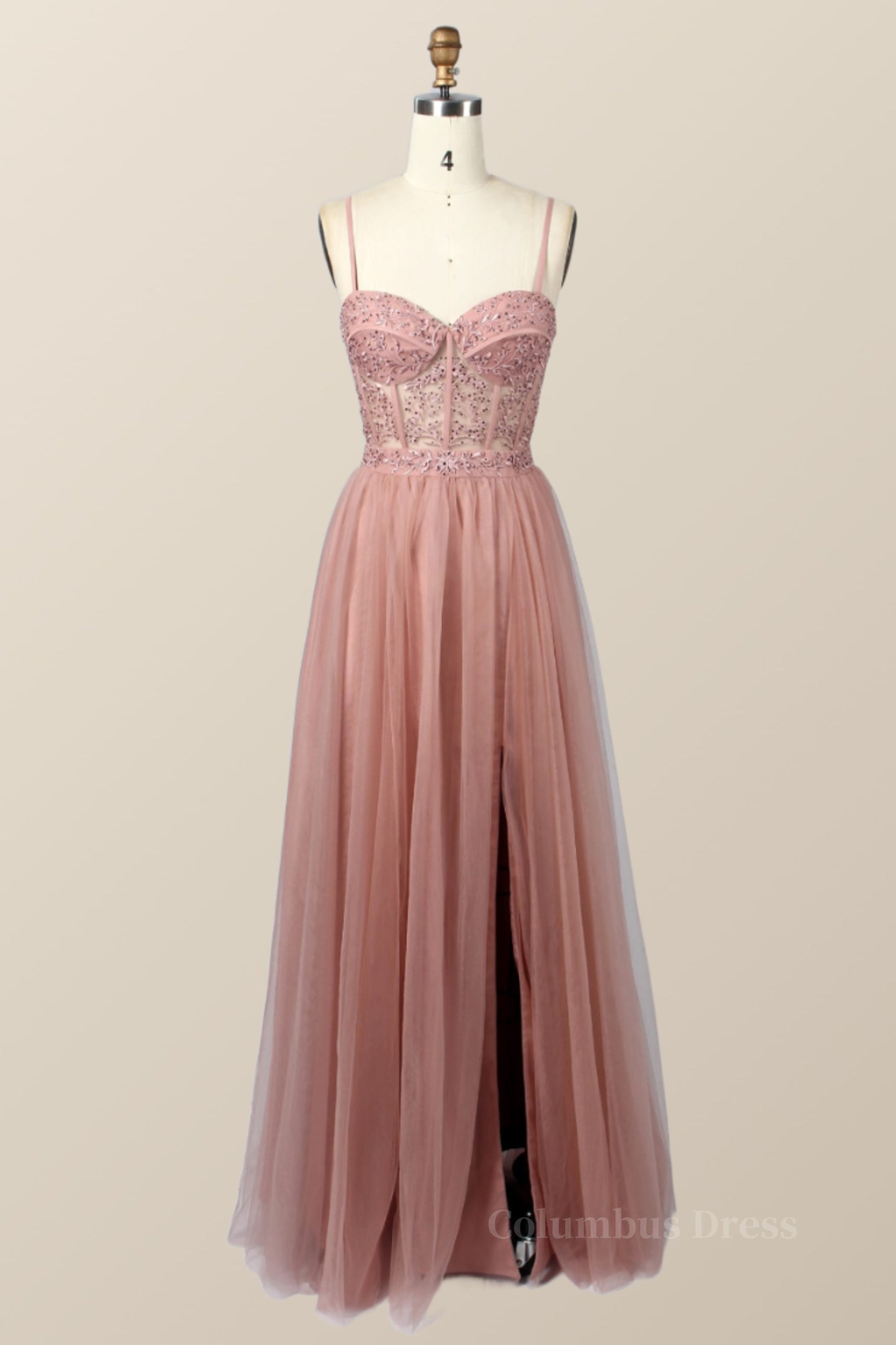 Evening Dresses And Gowns, Blush Pink Lace and Tulle Straps Long Formal Dress