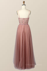 Evening Dresses Designer, Blush Pink Lace and Tulle Straps Long Formal Dress
