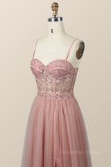 Evening Dress Designers, Blush Pink Lace and Tulle Straps Long Formal Dress