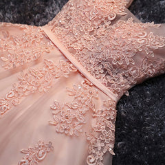 Prom Dresses Silk, Blush Pink Lace Appliqued Tulle Homecoming Dresses,Formal Dress