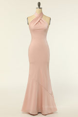 Bridesmaids Dresses Spring, Blush Pink Mermaid Cross Front High Neck Long Bridesmaid Dress