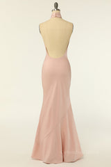 Bridesmaid Dress Spring, Blush Pink Mermaid Cross Front High Neck Long Bridesmaid Dress